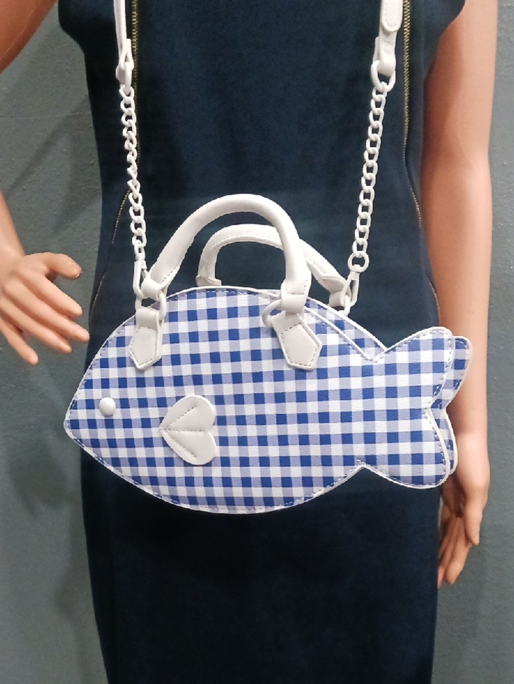 Betsey Johnson Blue Gingham Fish Crossbody Bag with White Trim - Picture 3 of 13